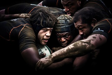 A team of rugby players gather closely together in a huddle, as they strategize and prepare for the game, Close-up of a rugby scrum during a professional match, AI Generated