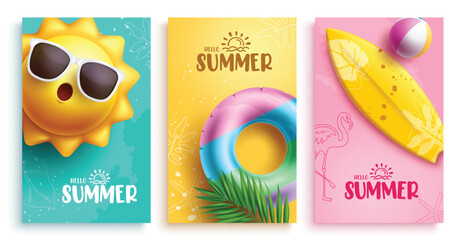 Summer hello text vector poster set. Hello summer greeting card with sun wearing sunglasses, beach floaters and surfboard elements. Vector illustration summer greeting card collection.  © AmazeinDesign