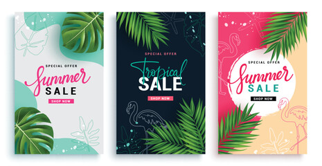 Summer sale vector poster set design. Summer sale special offer text with flamingo and leaves for tropical season shopping promo collection. Vector illustration summer advertisement.   © AmazeinDesign
