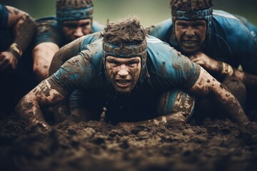 A group of men enjoying a playful moment together as they embrace the fun of getting muddy, Close-up of a rugby scrum during a professional match, AI Generated - obrazy, fototapety, plakaty