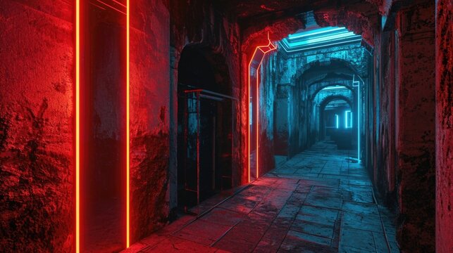 The remnants of an old castle now adorned with laser light neon grids a futuristic touch to a past era