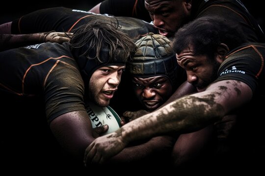 A team of rugby players gather closely together in a huddle, as they strategize and prepare for the game, Close-up of a rugby scrum during a professional match, AI Generated - Powered by Adobe