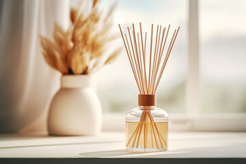 A scent diffuser bottle with flowers. Home fragrance in the form of aromatic perfume. Beige color scheme. Modern interior on blurred background - obrazy, fototapety, plakaty