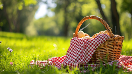 A picnic basket stands on green grass against a beautiful garden, panorama