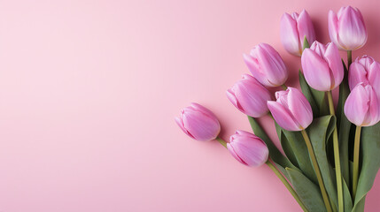 Beautiful Bouquet of Pink Tulips on a Soft Pink Background, Capturing the Elegance of Spring Blooms in a Vibrant Floral Arrangement Ideal for Celebrations and Festive Occasions