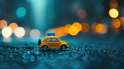Miniature yellow taxi car on the road with bokeh background