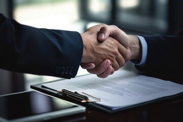 A close up image of two individuals engaging in a formal handshake, symbolizing trust and agreement, Close-up of hands signing a major business deal, AI Generated