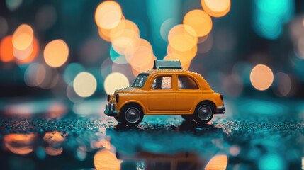 Miniature yellow taxi car with bokeh background, transportation concept