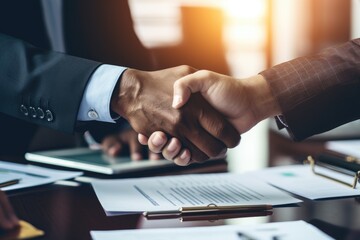 A close up image of two individuals shaking hands with a firm grip in a business setting, Close-up of hands signing a major business deal, AI Generated - obrazy, fototapety, plakaty