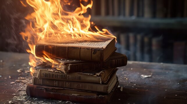 Pile of old books on wooden table in dark room with burning fire