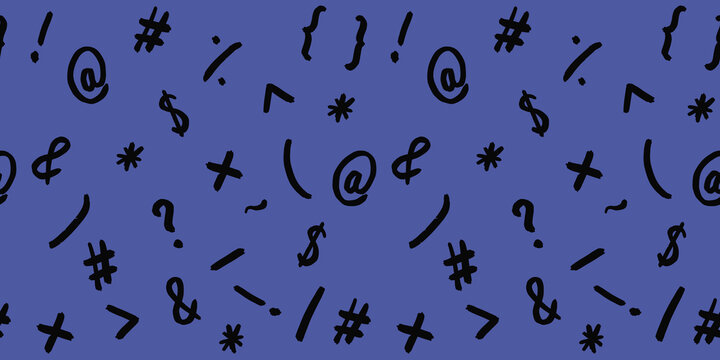 pattern with the image of keyboard symbols. Punctuation marks. Template for applying to the surface. blue violet background. Template for interior design, websites or promotional materials.