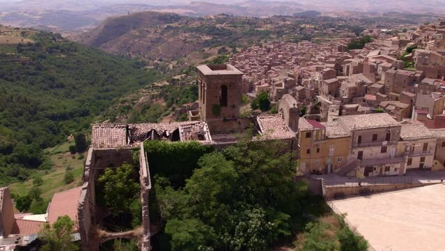 Aerial view of Calascibetta, a city in the Province of Enna, Sicily, Italy