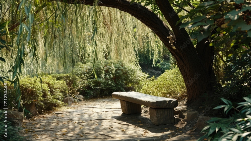 Poster a simple stone bench under a willow tree serves as a spot for monks to sit and quietly reflect on th