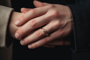 This close-up image captures the intimate connection between two individuals as they hold hands, Close-up of two hands exchanging wedding rings, AI Generated