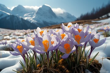 Crocuses in the mountains. Generative AI.