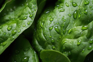 Green Leaves With Water Drops, Refreshing and Natural Detail of Natures Beauty, Close-up of water droplets on organic leafy green vegetables, AI Generated