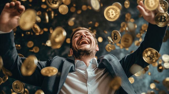 A happy man with his head up and hands in the air rejoicing that golden bitcoin coins are falling from the sky, a financial success