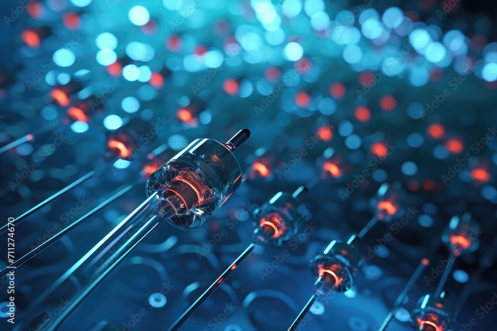 Poster this close-up image showcases a dense network of wires and lights, exemplifying the intricate and es
