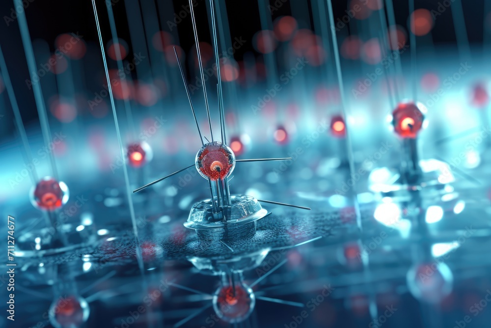 Poster this image captures a striking close-up of red and blue lights shining brightly, creating a dynamic 