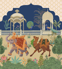 Traditional Islamic Mughal garden, elephant, camel caravan, peacock, arch vector illustration - obrazy, fototapety, plakaty