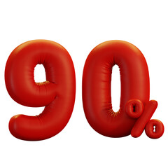 3d render red foil balloon of number 90 percent. Transparent background