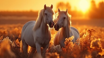 Obraz na płótnie Canvas Two horses at sunrise, Tenderness. Generative AI.