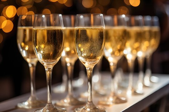 A simple image showing a row of champagne glasses neatly arranged atop a table, Cocktail glasses filled with champagne at a wedding toast, AI Generated