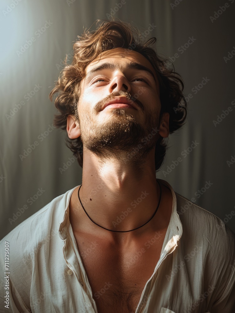 Aufkleber portrait of a man on a light background in a state of euphoria. generative ai.