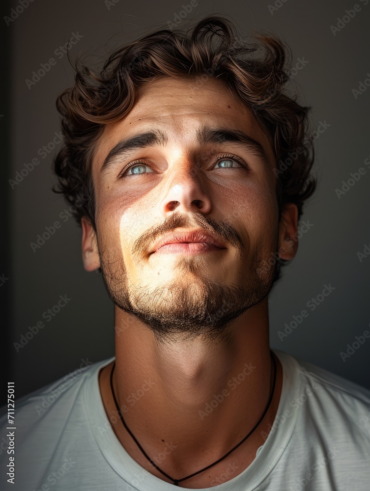 Aufkleber portrait of a man on a light background in a state of euphoria. generative ai.