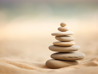 Tower of zen stones on paradise beach balance concept