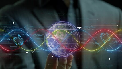 Businessman showing spinning planet earth with HUD futuristic frame on transparent background. Sphere globe cyber futuristic and technology concept. 4k video text motion graphic animation. - Powered by Adobe