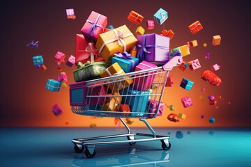 A shopping cart filled with presents takes flight, scattering gifts in all directions, Colorful present boxes threatening to spill from a shopping cart, AI Generated
