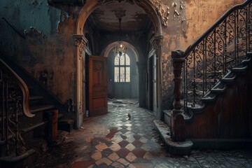  Malevolent spirit haunting dilapidated mansion hallways, a dark and vengeful force in the decaying corridors. - obrazy, fototapety, plakaty