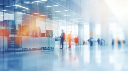 Abstract blurred business environment with blue and orange hues: dynamic white glass office interior with corporate professionals