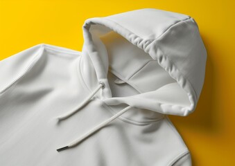 Closeup White Pullover hoodie top view isolated on yellow background