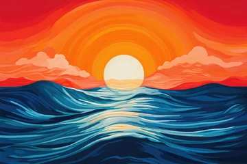 Poster Painting of a Sunset Over the Ocean, Create an abstract representation of an orange sun sinking into the blue sea, AI Generated © Iftikhar alam