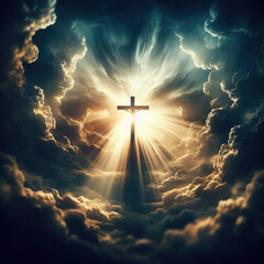 Cross of Jesus Christ set against a dramatic sky, bathed in celestial light with billowing clouds and radiant sunbeams