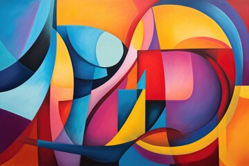 This captivating painting showcases a mesmerizing blend of abstract shapes and vibrant colors, Cubist-inspired shapes and angles filled with bold, bright colors, AI Generated