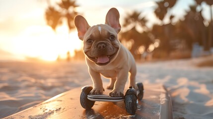 French Bulldog puppy riding an electric skateboard