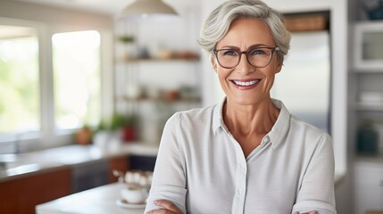 Happy woman in her fifties relaxing on a sofa in a cozy living room, portrait of a confident mature senior with a smile