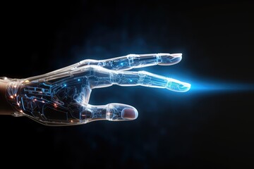 Futuristic Hand Emitting Glowing Light in Clear View, Cybernetic human hand reaching out to touch a holographic interface, AI Generated