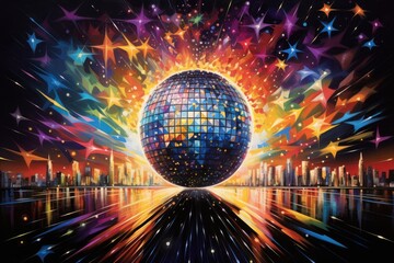 A vibrant and captivating painting showcasing a disco ball shining brightly in the center, encircled by a dazzling array of stars, Dazzling disco ball inspired abstract art, AI Generated