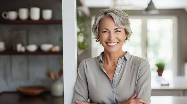 Happy woman in her fifties relaxing on a sofa in a cozy living room, portrait of a confident mature senior with a smile