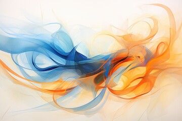 This abstract painting showcases a vibrant mix of blue, orange, and yellow colors, Depict an abstract version of a clash between warmth and cold, using shades of orange and blue, AI Generated