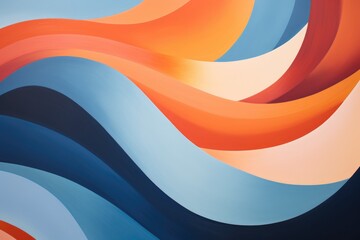 A vibrant painting depicting a wave of blue, orange, and red colors, capturing dynamic movement and visual interest, Design a wavy, abstract mural with dominant hues of orange and blue, AI Generated