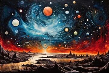 An exquisite artwork capturing a multitude of planets against the backdrop of a mesmerizing sky, Depiction of the universe's vast expanse with abstract cosmic forms, AI Generated