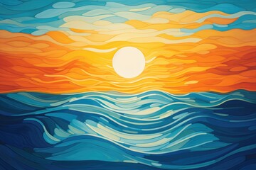 A captivating painting capturing the tranquil beauty of a sunset as it casts a warm glow over a peaceful body of water, Design an abstract representation of a sunrise over a blue sea, AI Generated