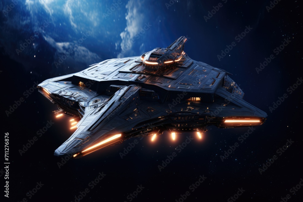 Poster a space ship flies through the sky, showcasing the awe-inspiring wonders of space exploration, detai