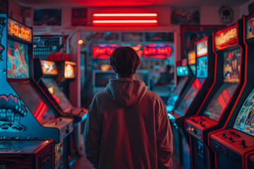 Fototapeta premium Young Man in a Retro Gaming Room