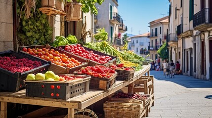 Natural products market in sunny Spanish street. Fresh fruits and vegetables from local farmers. - obrazy, fototapety, plakaty